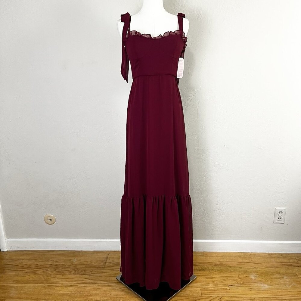 After Six 1570 Size 2‎ Burgundy Tie-Shoulder Bustier Ruffle Hem Maxi Dress NEW